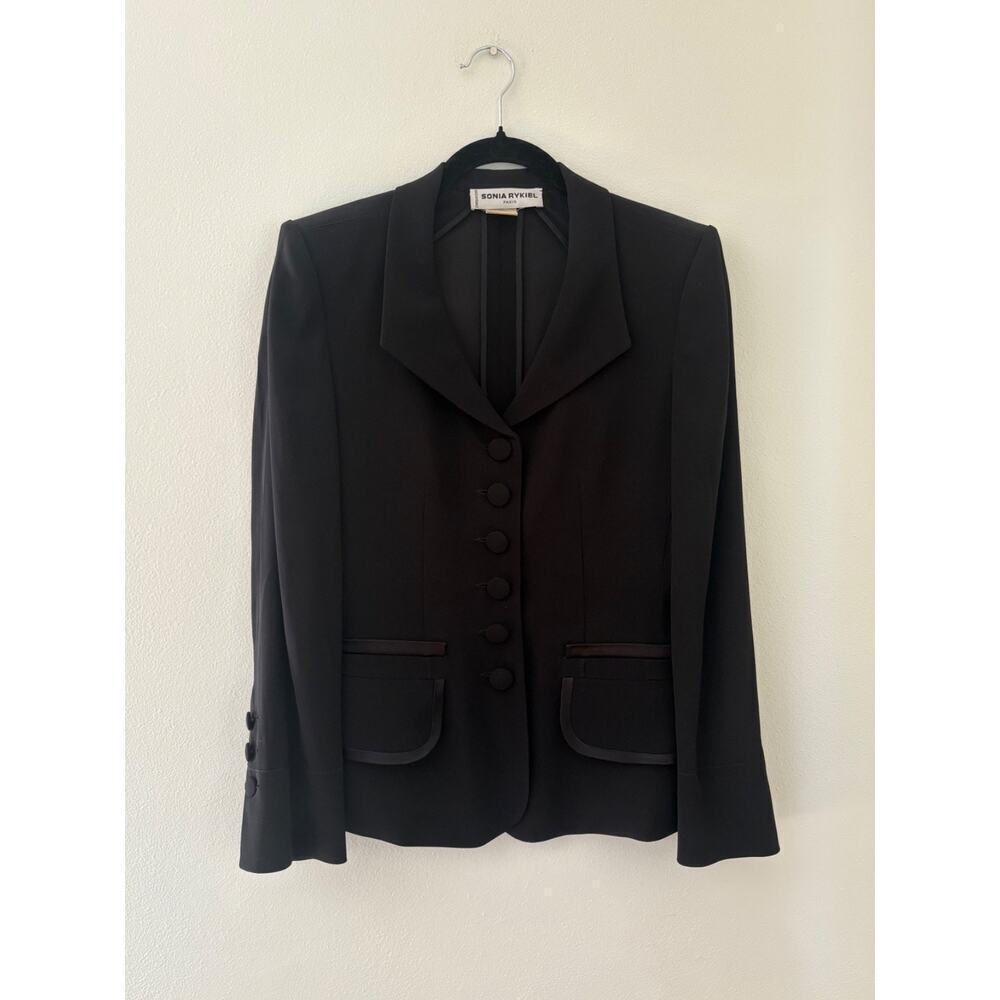 Sonia Rykiel Paris Black Viscose Satin Tailored Blazer button up Suit Jacket 38